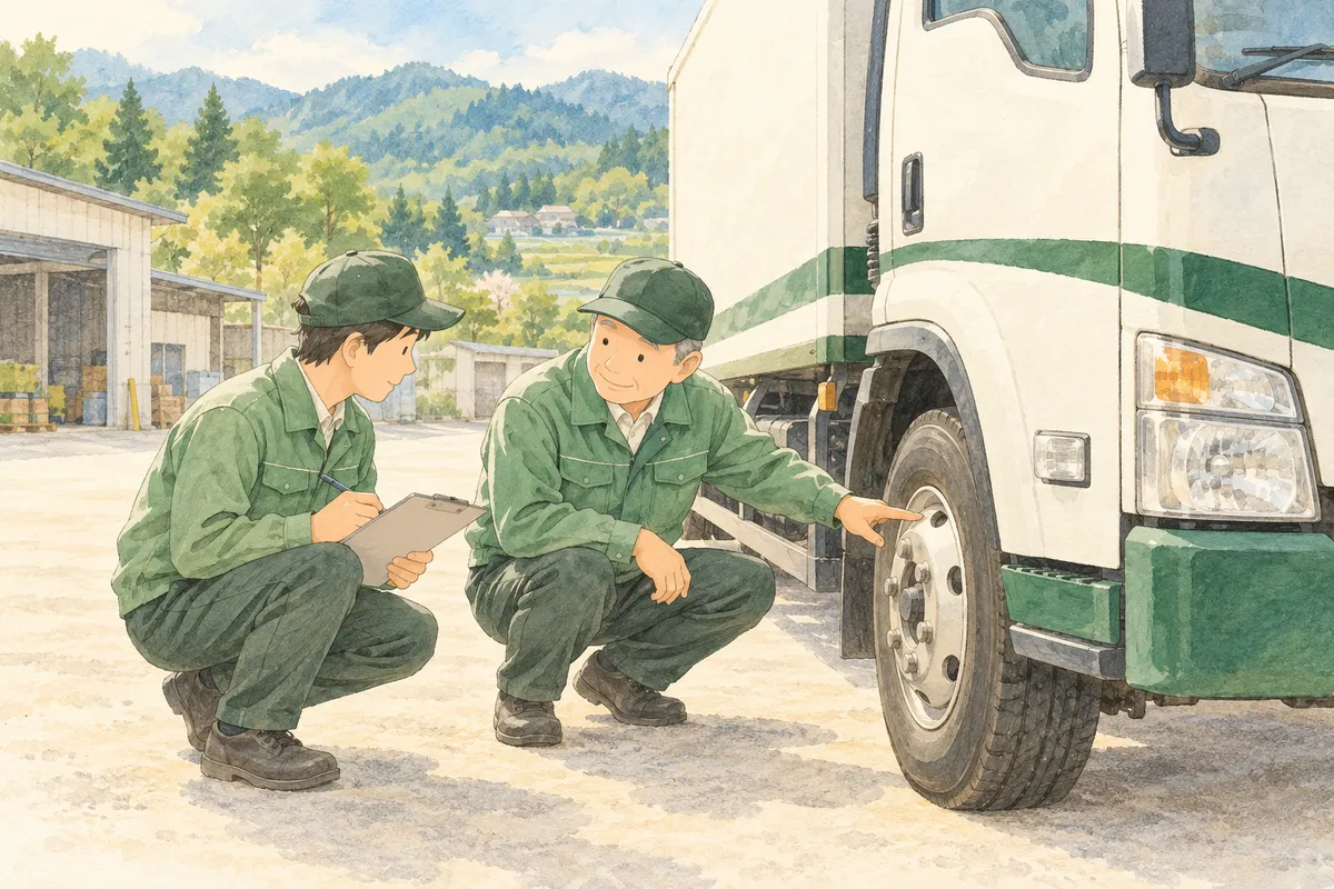 先輩と後輩が車両の点検をするイメージイラスト